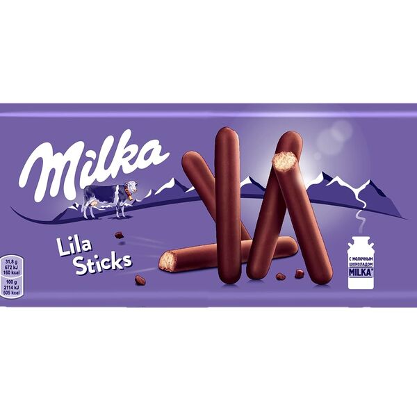 Печенье-палочки Milka Lila Sticks, покрытое молочным шоколадом, 112 г