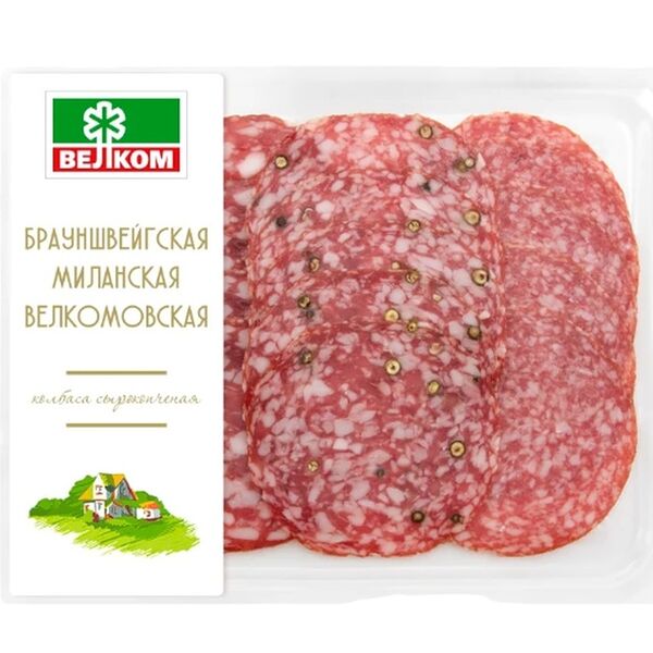Колбасное ассорти Велком Брауншвейгская Велкомовская Миланская сырокопченое нарезка 90г