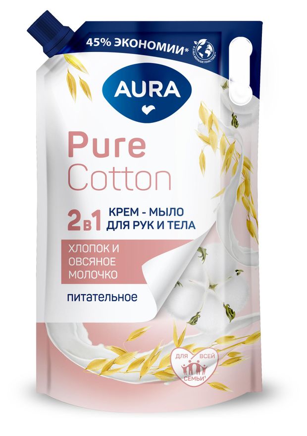 

Крем-мыло для рук и тела Aura Pure Cotton 2в1 Хлопок и овсяное молочко 850 мл
