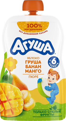 Пюре фруктовое детское Агуша яблоко-груша-банан-манго в мягкой упаковке с 6 месяцев 90 г