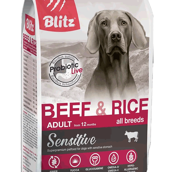 Сухой корм Blitz Sensitive для взрослых собак говядина и рис