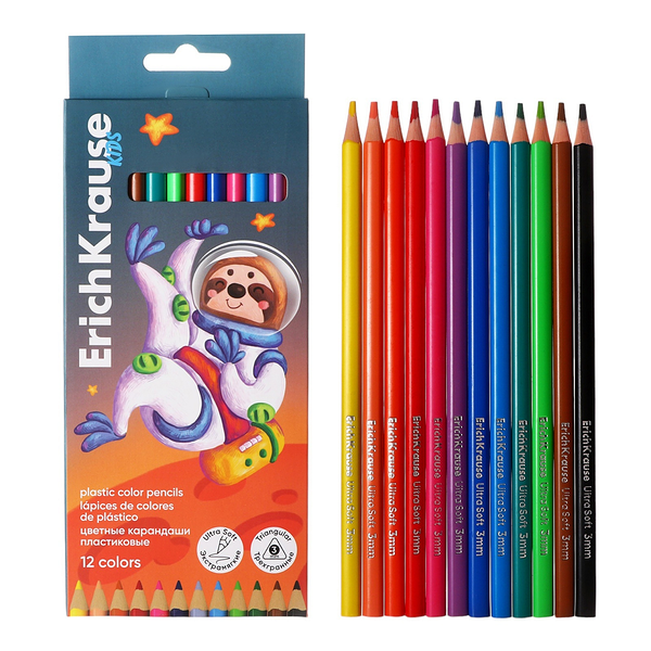 Карандаши цветные ERICHKRAUSE Kids space Animals, трехгранные, 12 цветов, Арт. 61782