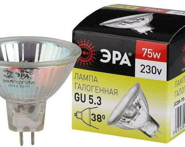 Лампа галогенная ЭРА GU5.3-JCDR (MR16)-75W-230V-CL GU5.3 75Вт софит тепл. бел. св