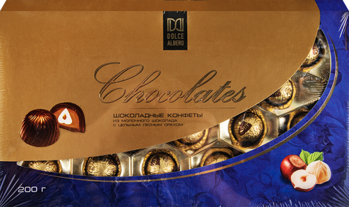 

Конфеты DOLCE ALBERO из молочного шоколада с цельным лесным орехом, 200 г