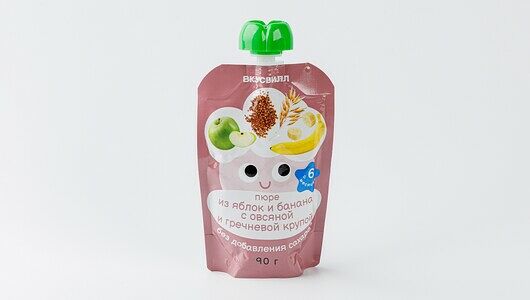 Пюре ВкусВилл из яблок и банана с овсяной и гречневой крупой, 90 г