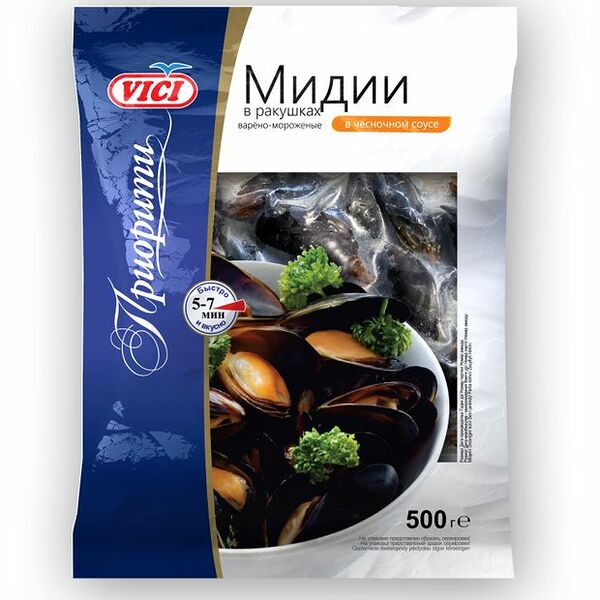 Мидии варёно-мороженые Vici Приорити с чесночным соусом в ракушках 500 г