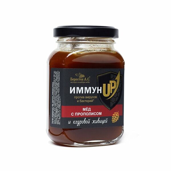 Мёд Берестов А.С. ИммунUP натуральный цветочный полифлорный с прополисом и кедровой живицей 200 г