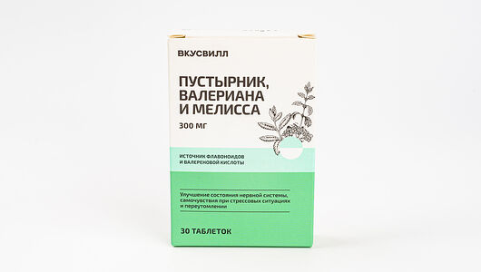 Пустырник, валериана и мелисса, 300 мг, 30 табл.