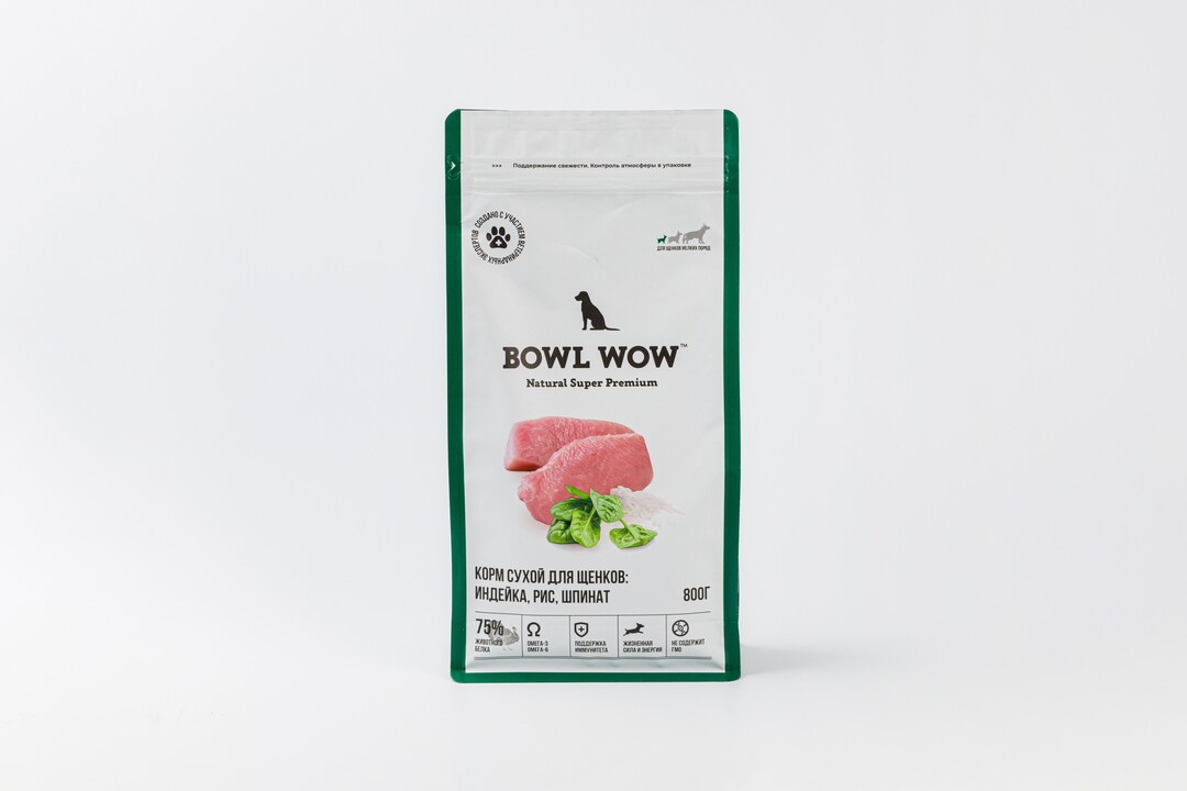 

Сухой корм Bowl Wow для щенков мелких пород с индейкой, рисом и добавлением шпината 800 г