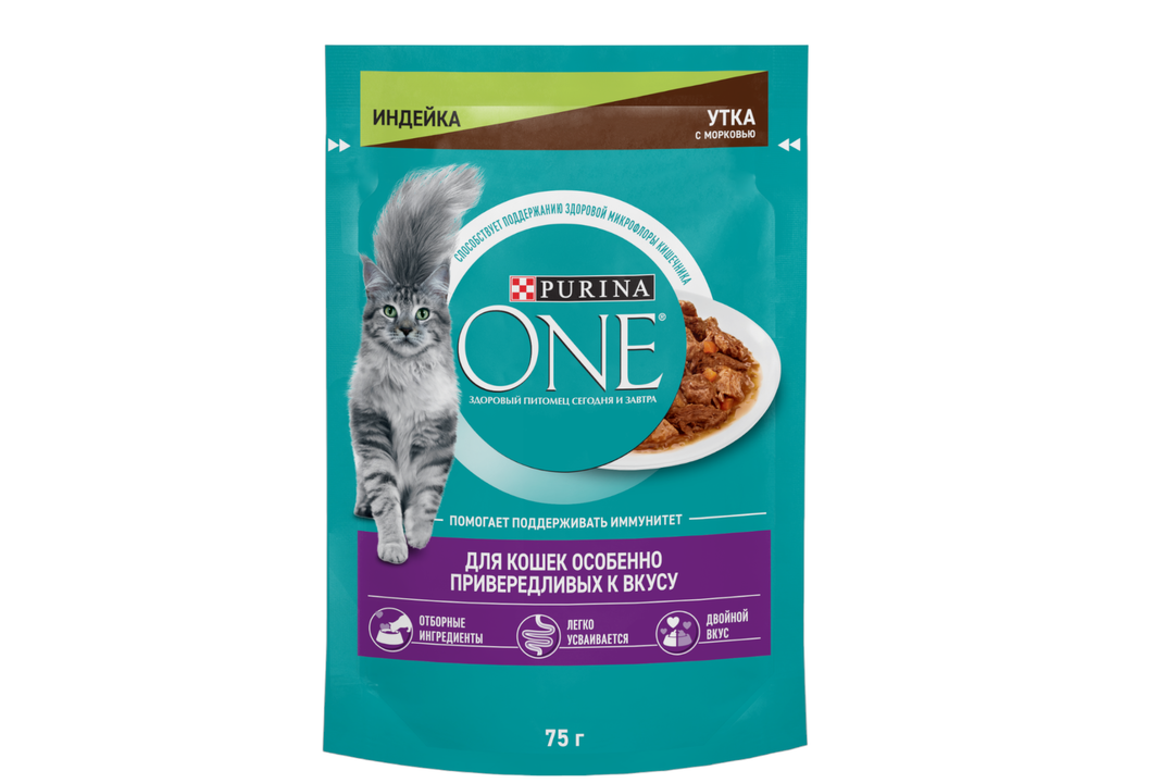 

Влажный корм Purina One для кошек особенно привередливых к вкусу индейка и утка высокого качества с морковью пауч 75 г