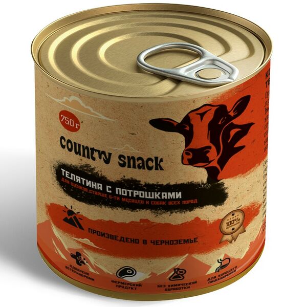 Country snack консервы для щенков и собак всех пород Телятина и потрошки