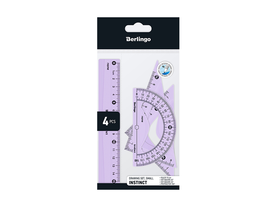 

Набор чертежный BERLINGO Instinct, треугольник – 2шт, линейка 15см, транспортир, цвет в ассортименте