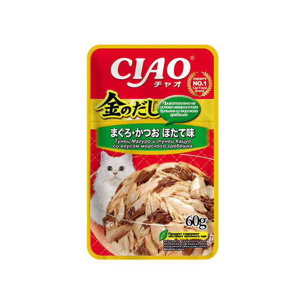 Корм для кошек Inaba Ciao Kinnodashi тунец магуро, тунец кацуо со вкусом морского гребешка 60 г