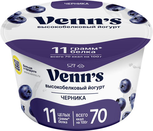 

Йогурт греческий Venn's с черникой 0.1% 130 г