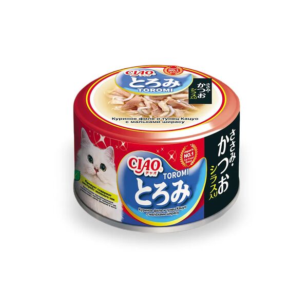 Консервы для кошек Inaba Ciao Toromi Курица с тунцом Кацуо и мальками Ширасу 80 г
