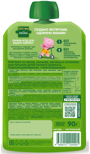 

Пюре детское Gipopo Яблоко, банан, клубника и малина с 6 месяцев 90 г