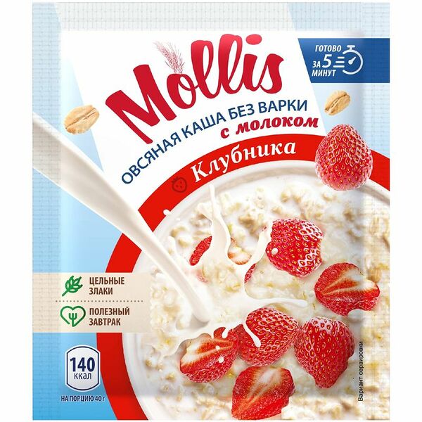 Каша Mollis овсяная с молоком и со вкусом клубники 40г