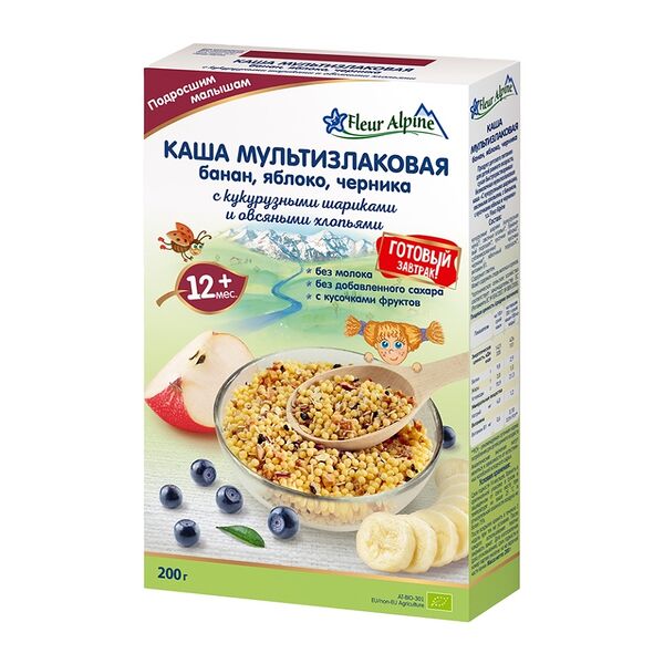 Каша мультизлаковая Fleur Alpine с бананом, яблоком и черникой, с 12 мес, 200 г