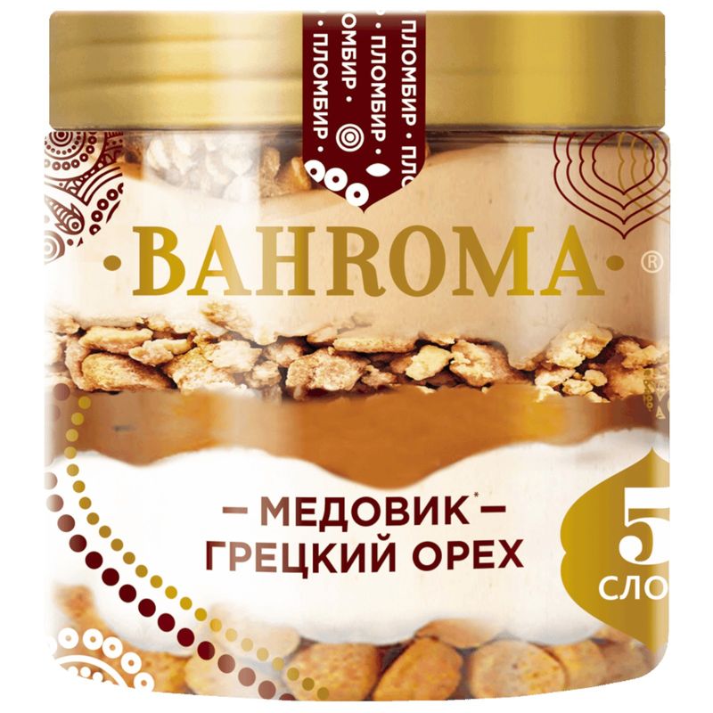 

Мороженое Bahroma Медовик пломбир с грецким орехом, печеньем и фундучным пралине 12% 320 г