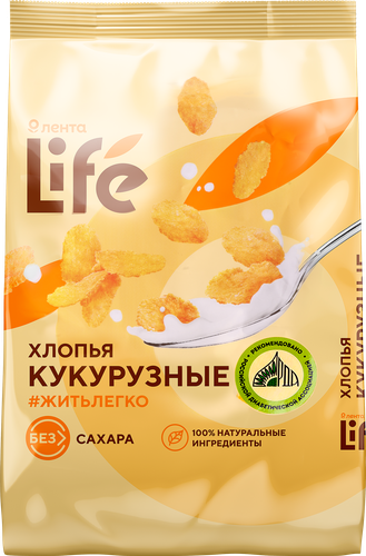 

Готовый завтрак ЛЕНТА LIFE Хлопья кукурузные, без сахара, 350г