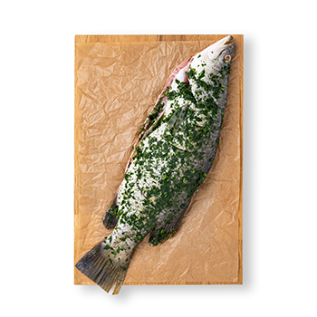 

Барамунди «Азбука вкуса» в оливковом масле с петрушкой и укропом для запекания (потрошенная рыба с головой), вес