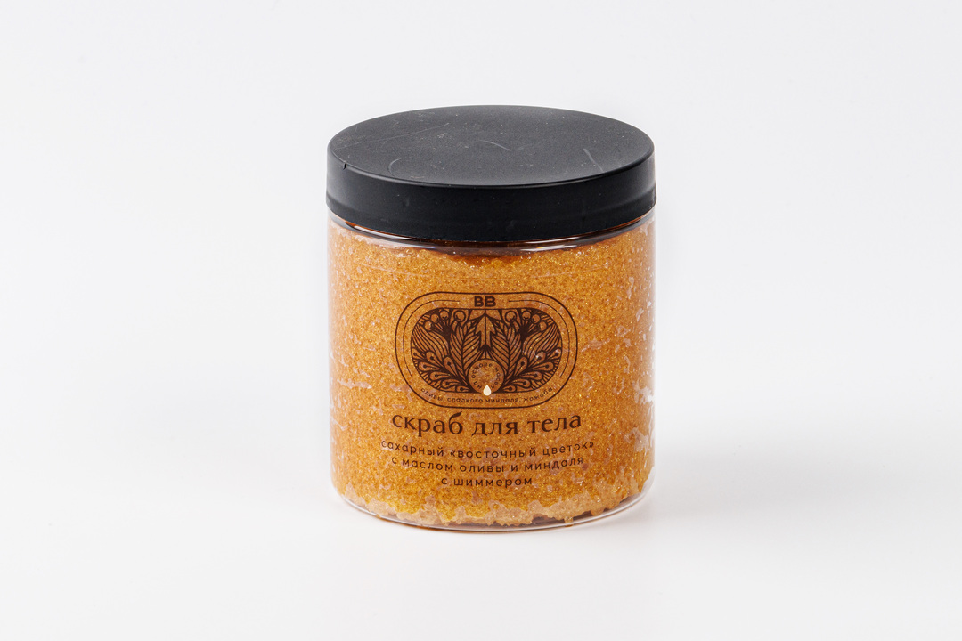 

Скраб для тела ВкусВилл Восточный цветок сахарный с маслом оливы и миндаля с шиммером 250 г