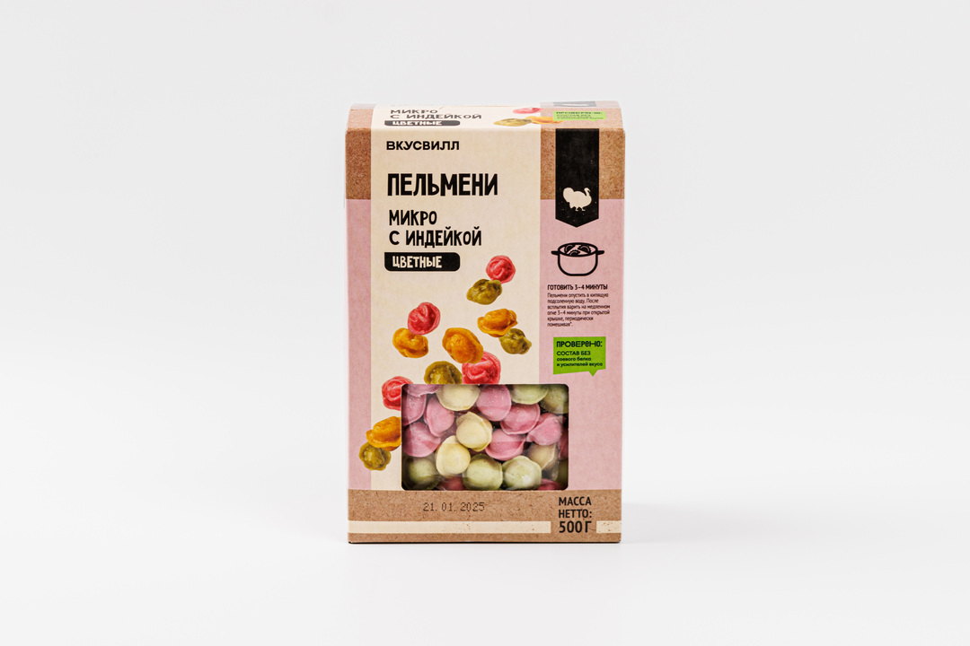

Пельмени ВкусВилл микро с индейкой цветные 500 г