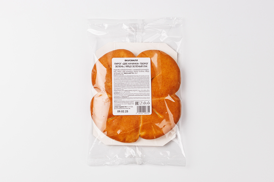 

Пирог ВкусВилл Две начинки творог и зелень, яйцо и зеленый лук 200 г