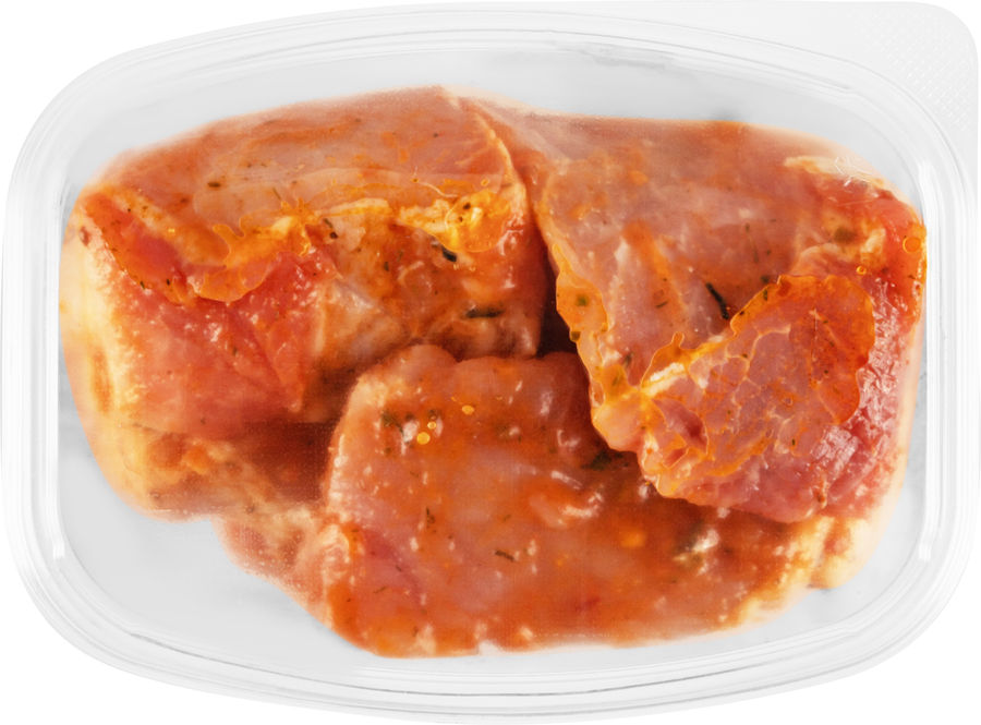 

Шашлык из свиной корейки в маринаде Аджика полуфабрикат охлажденный вес