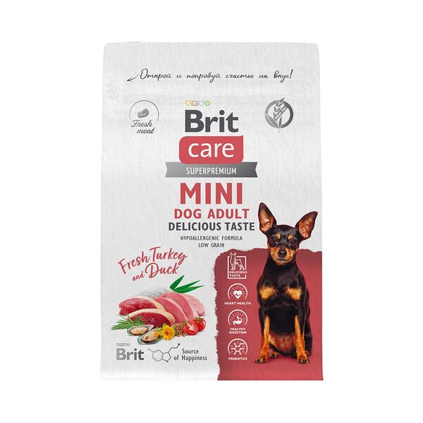 Сухой корм для взрослых собак мелких пород Brit Care Mini Adult Delicious Taste, с индейкой и уткой, 400 г