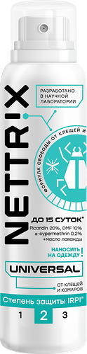 Аэрозоль репеллентный Nettrix Universal от клещей и комаров, степень защиты 2IRPI 150 мл