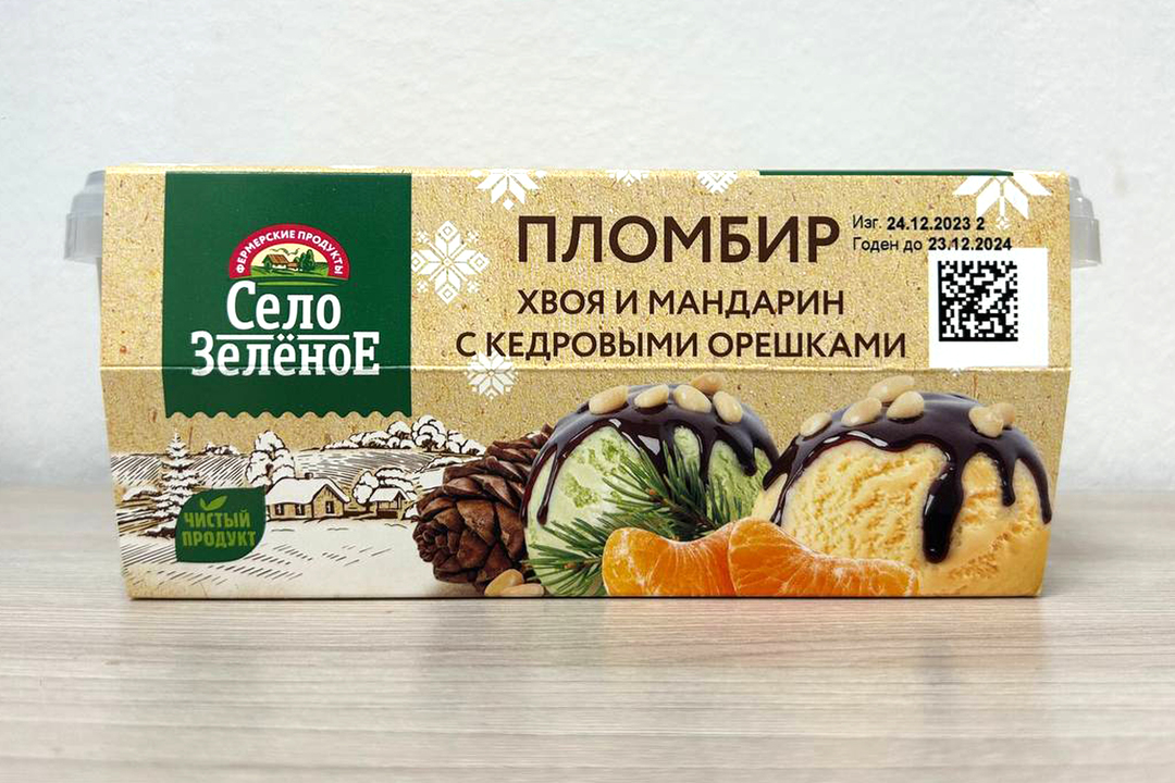 

Мороженое Село Зелёное пломбир с ароматом хвои, лайма и пломбир с ароматом мандарина с шоколадным топпингом 15%, 450 г