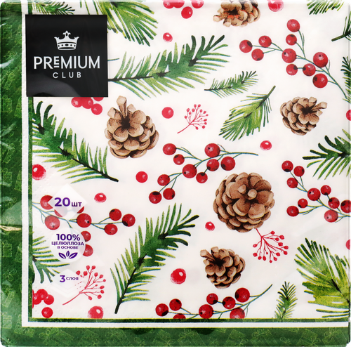 

Салфетки бумажные Premium Club Шарики и шишки 3-слоя 33 х 33 см 20 шт., дизайн в ассортименте