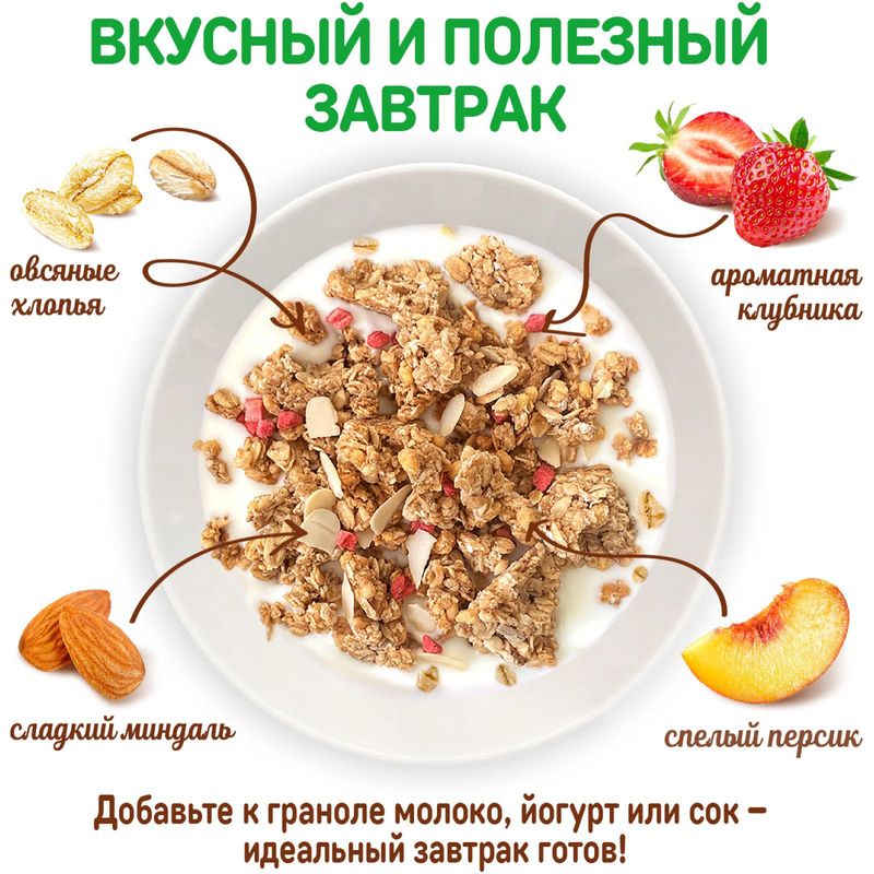 

Гранола Ясно Солнышко Клубника персик миндаль 250 г