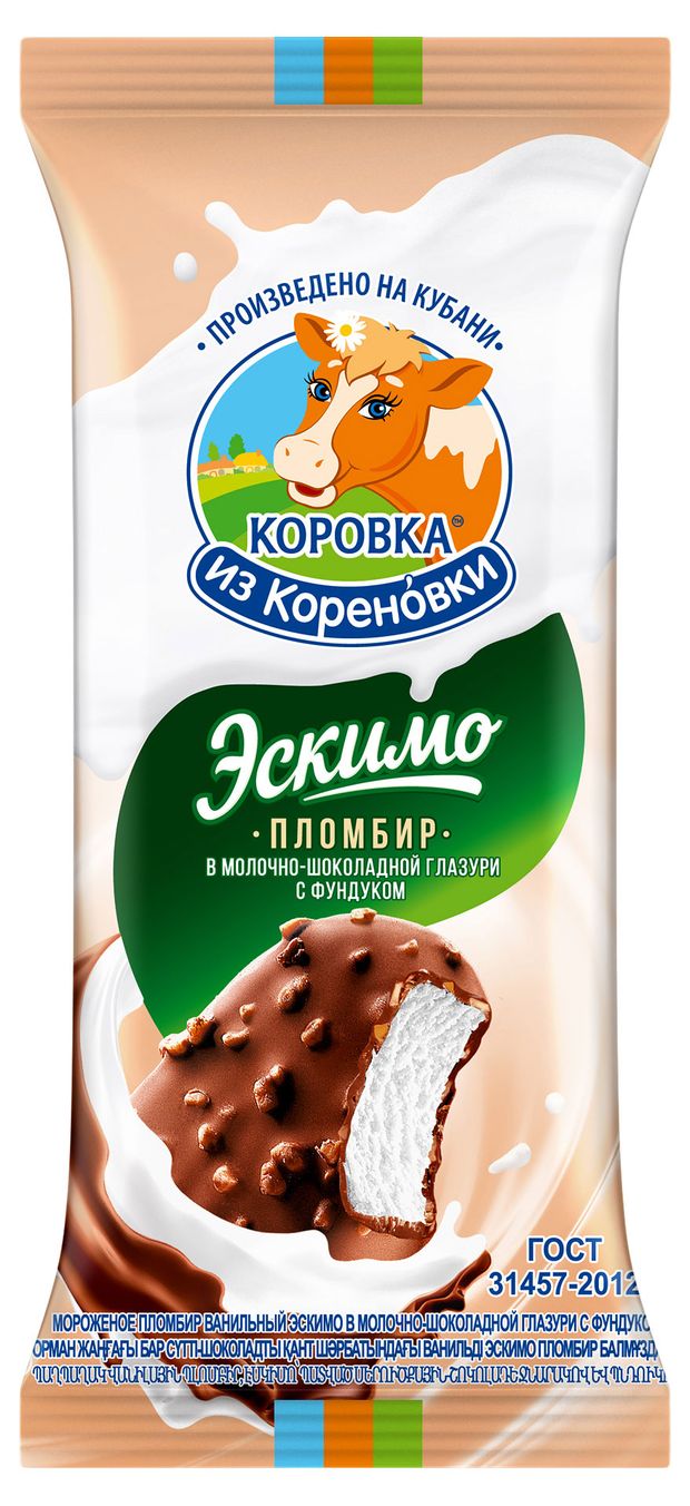 

Эскимо Коровка из Кореновки Пломбир ванильный в молочно-шоколадной глазури с фундуком 15% 70 г