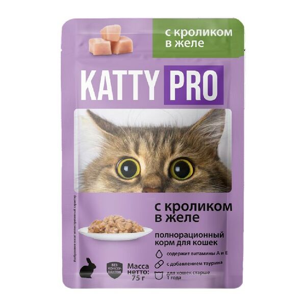 Корм Katty Pro с кроликом в желе для кошек консервированный полнорационный пауч-пакет 75 г