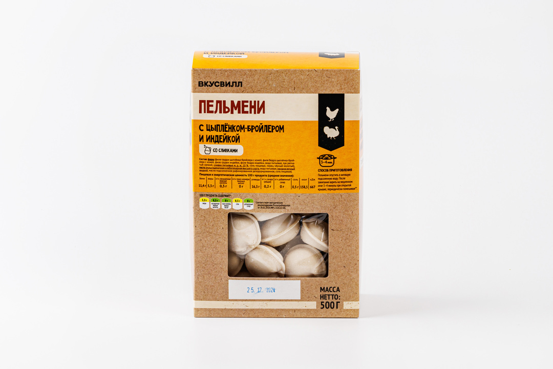 

Пельмени ВкусВилл с цыпленком и индейкой со сливками 500 г