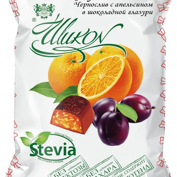 Конфеты Шикон Чернослив с апельсином в шоколадной глазури со стевией 150 г