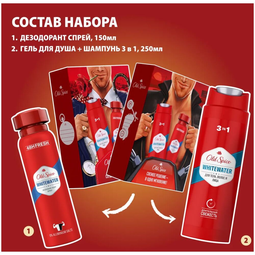 

Подарочный набор Old Spice Whitewater гель для душа 3 в 1 250 мл + дезодорант-спрей 150 мл, дизайн упаковки в ассортименте