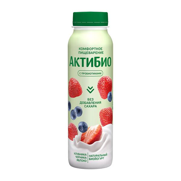 Йогурт питьевой Актибио Яблоко Клубника Черника без сахара 1.5% 260 г