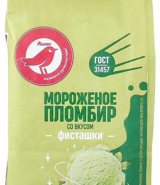Мороженое пломбир АШАН Красная птица фисташка 15% БЗМЖ