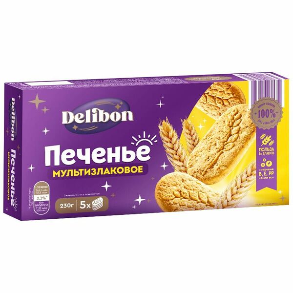 Печенье Delibon сахарное Витаминизированное со злаковыми хлопьями, 230г