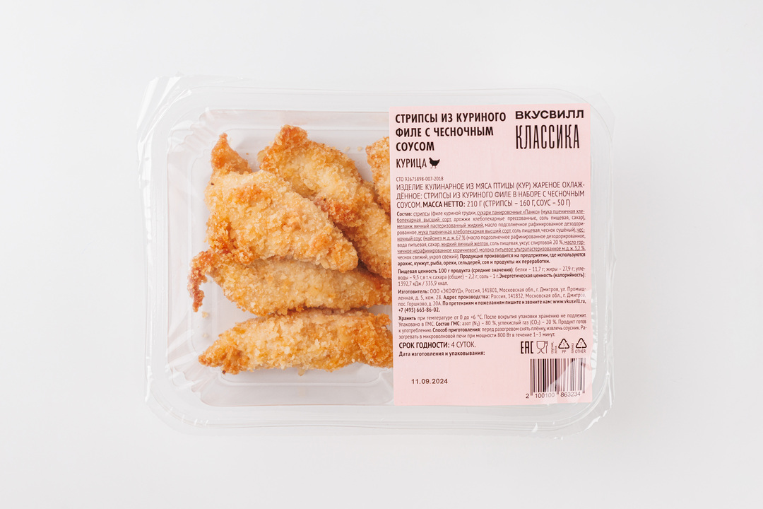 

Стрипсы из куриного филе Вкусвилл с чесночным соусом 210 г