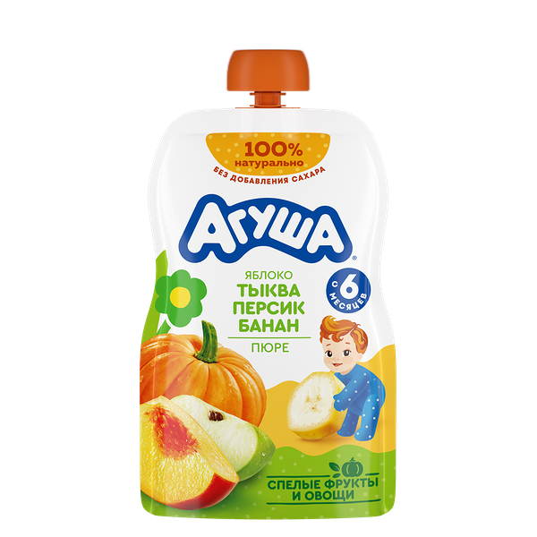 Пюре фруктово-овощное детское Агуша Яблоко-Тыква-Персик-Банан с 6 месяцев 90 г