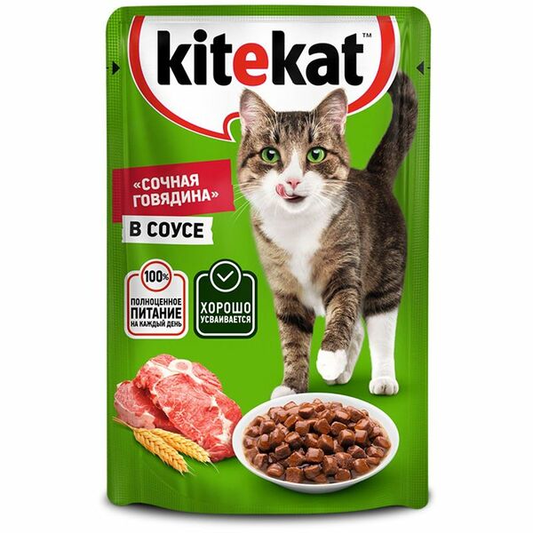 Влажный корм для кошек Kitekat сочная говядина в соусе 85 г