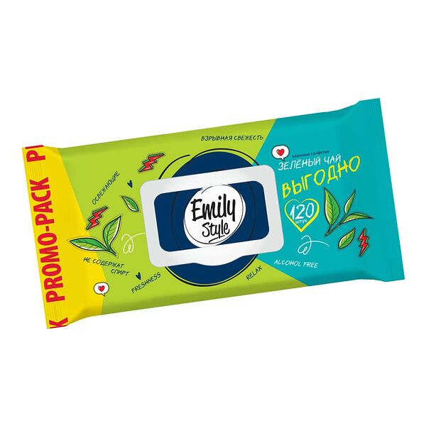 Влажные салфетки Emily Style с клапаном Экстракт зеленого чая 120 шт.