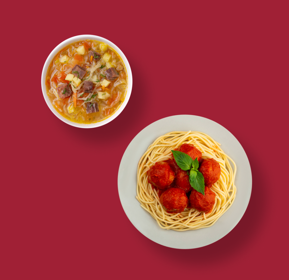 

Щи из свежей капусты с мясом 290 г + Фрикадельки из телятины со спагетти «Уже готово» 320 г