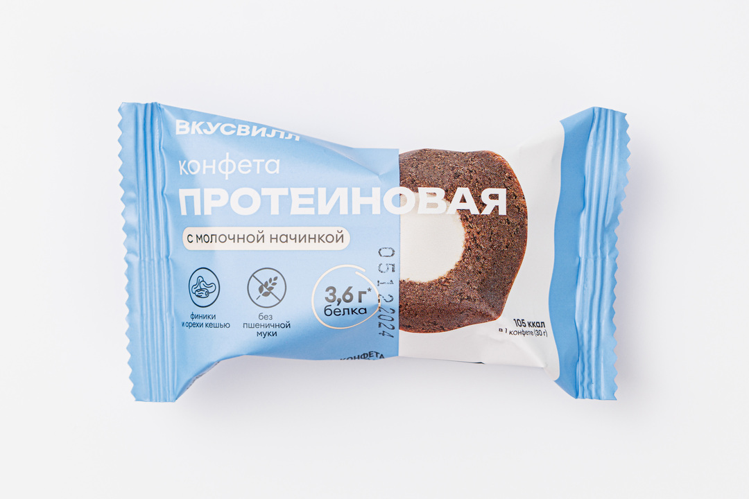 

Конфета протеиновая ВкусВилл с молочной начинкой 30 г