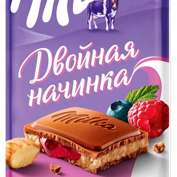 Шоколад молочный Milka с двухслойной начинкой: миндальная и Лесные Ягоды 80 г