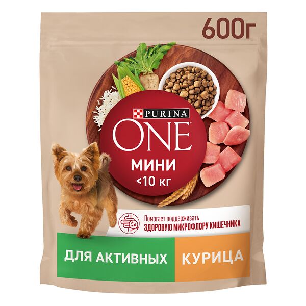 Сухой корм Purina One для собак мелких пород с активным образом жизни с высоким содержанием курицы и с рисом пакет 600 г